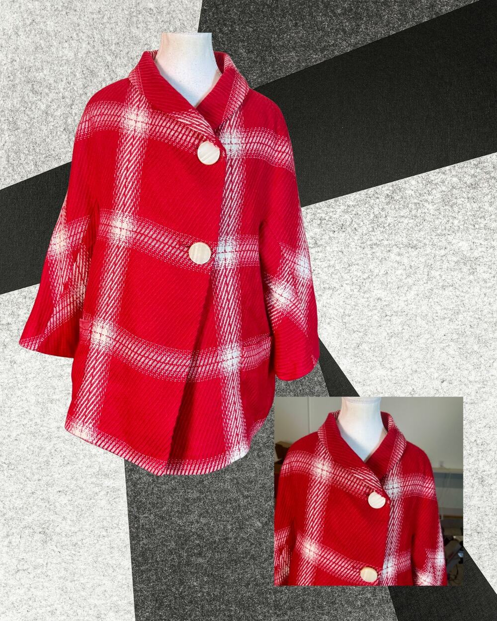 Vintage 80s 90s Focus 2000 Red White Plaid Cape Swing Style Jacket Size 8